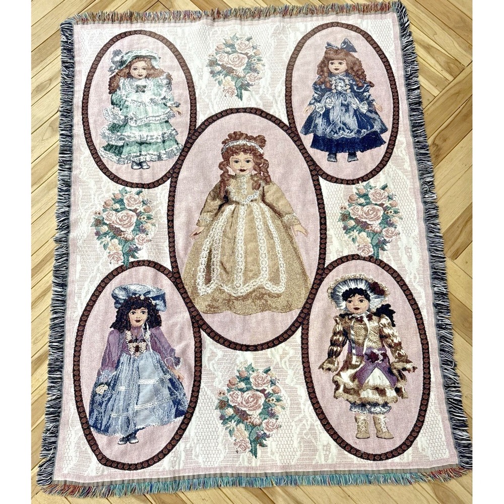 Vintage Victorian Porcelain Doll Woven Tapestry Throw Blanket Fringe 64x49